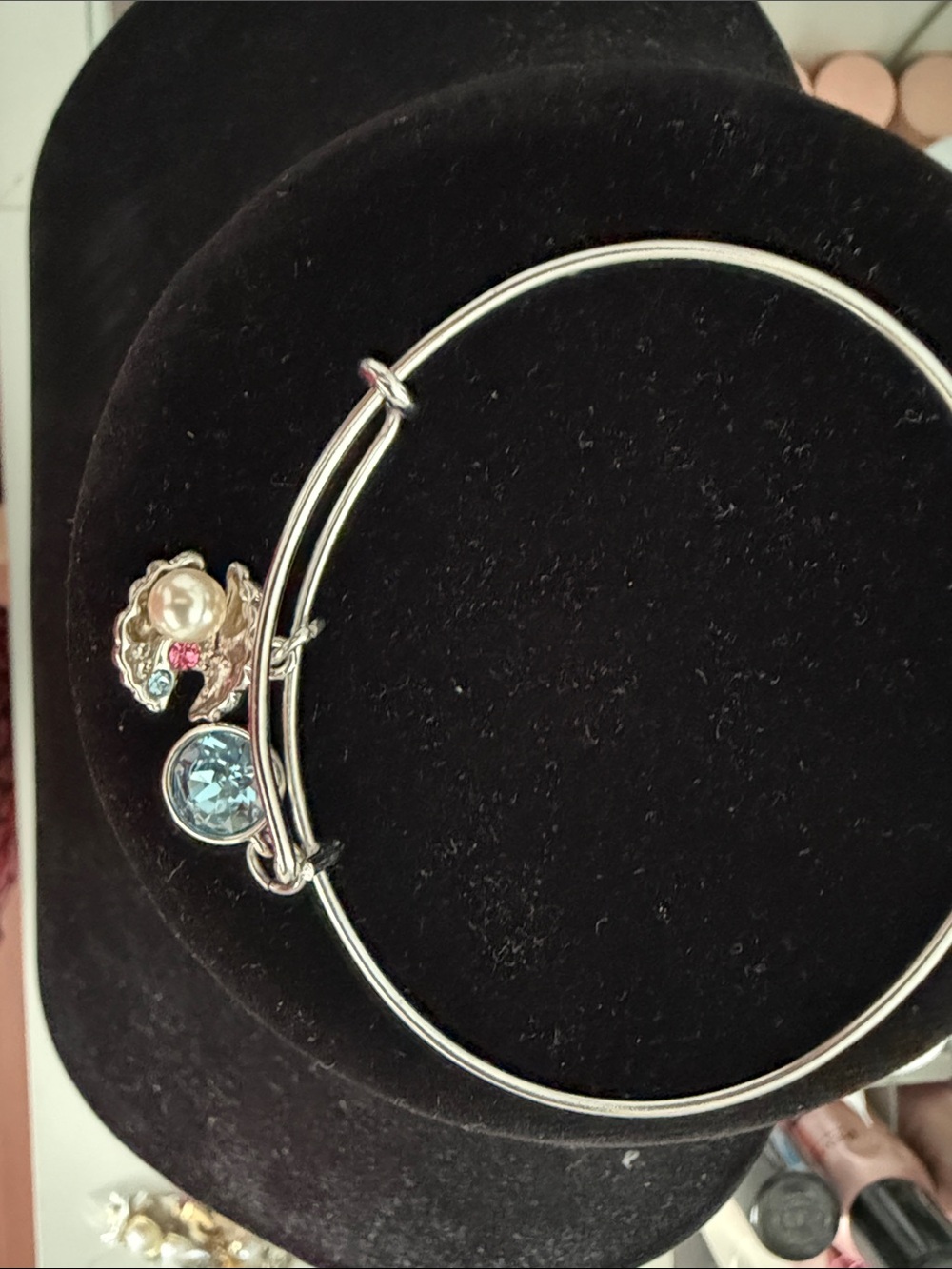 Silver Tone Adjustable Bangle Bracelet with Blue Crystal and Pearl Charm